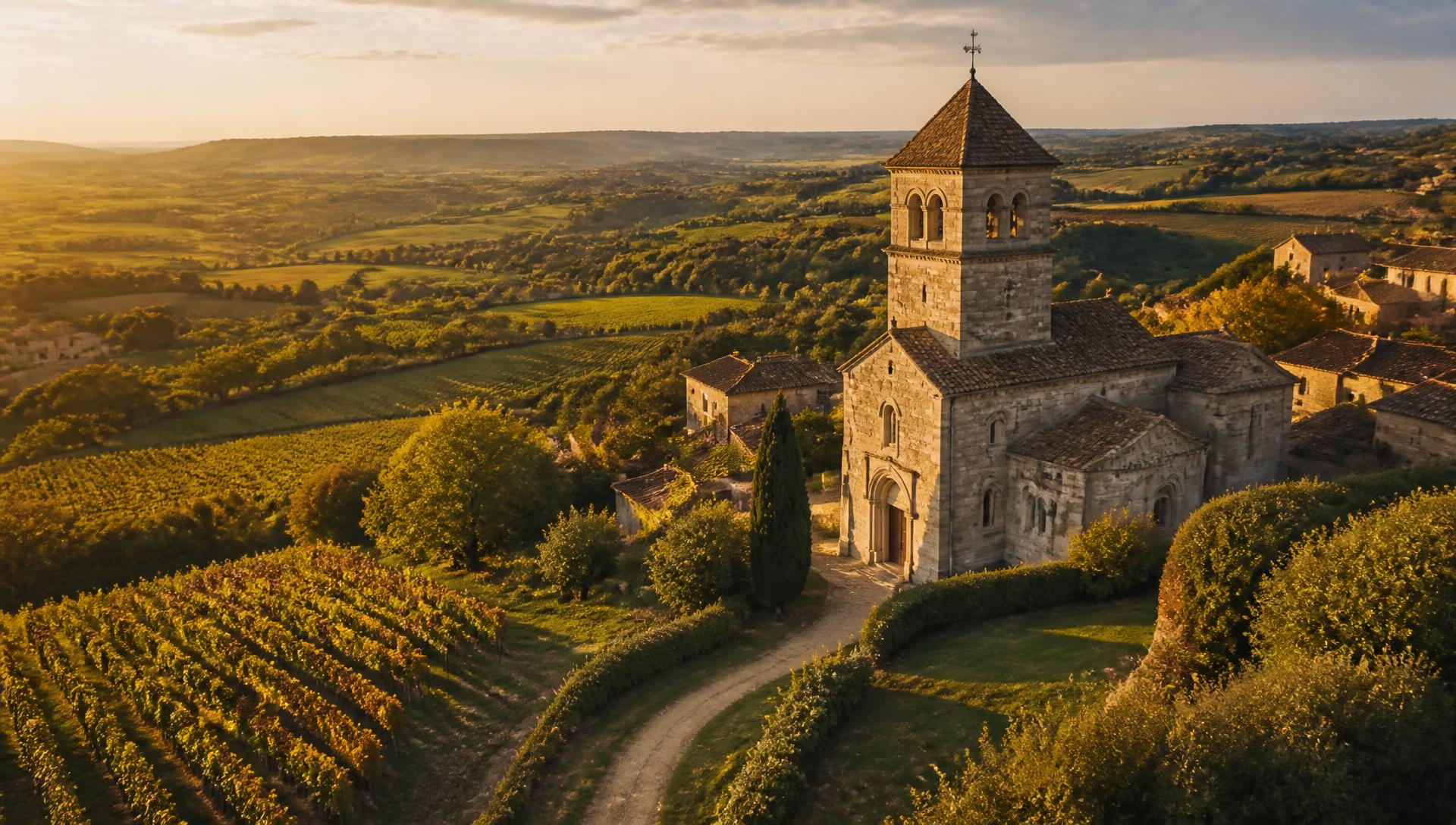 Église romane au coucher du soleil dans la campagne du sud-ouest de la France